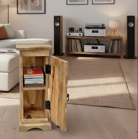 MANT-521 Parquet slim cabinet with 1 door in Mango wood door open