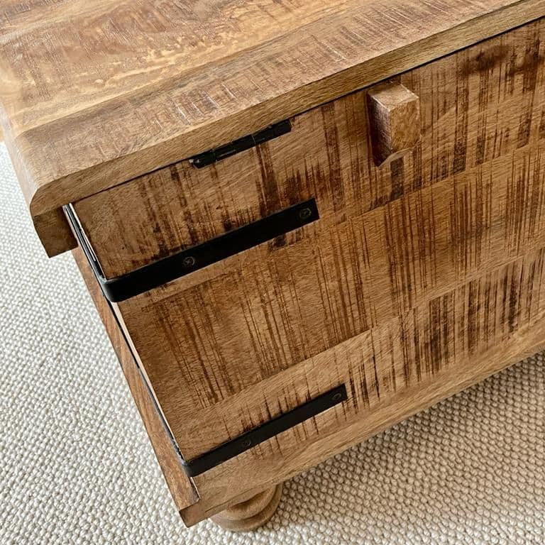 Size 3 Large rustic rough cut Mango wood trunk on feet - 91cm wide close up of back