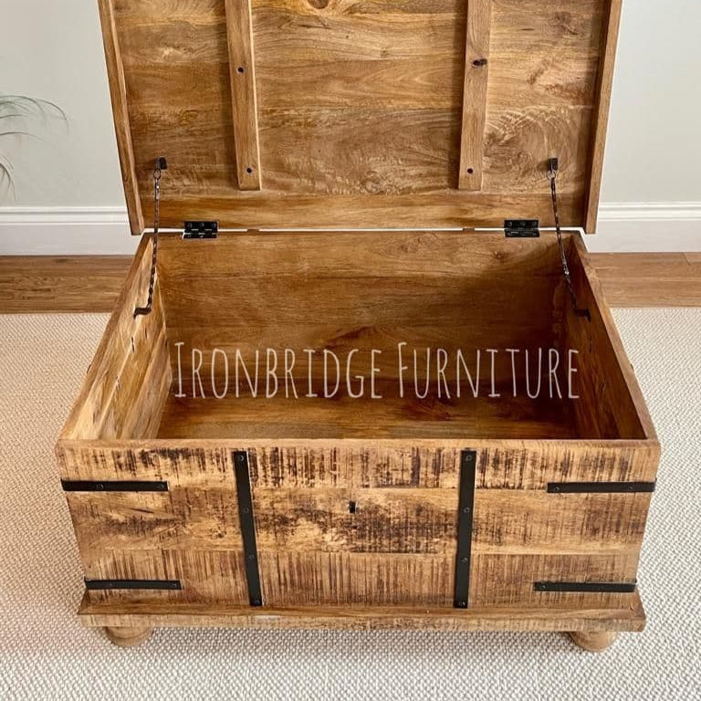 Size 3 Large rustic rough cut Mango wood trunk on feet - 91cm wide lid open