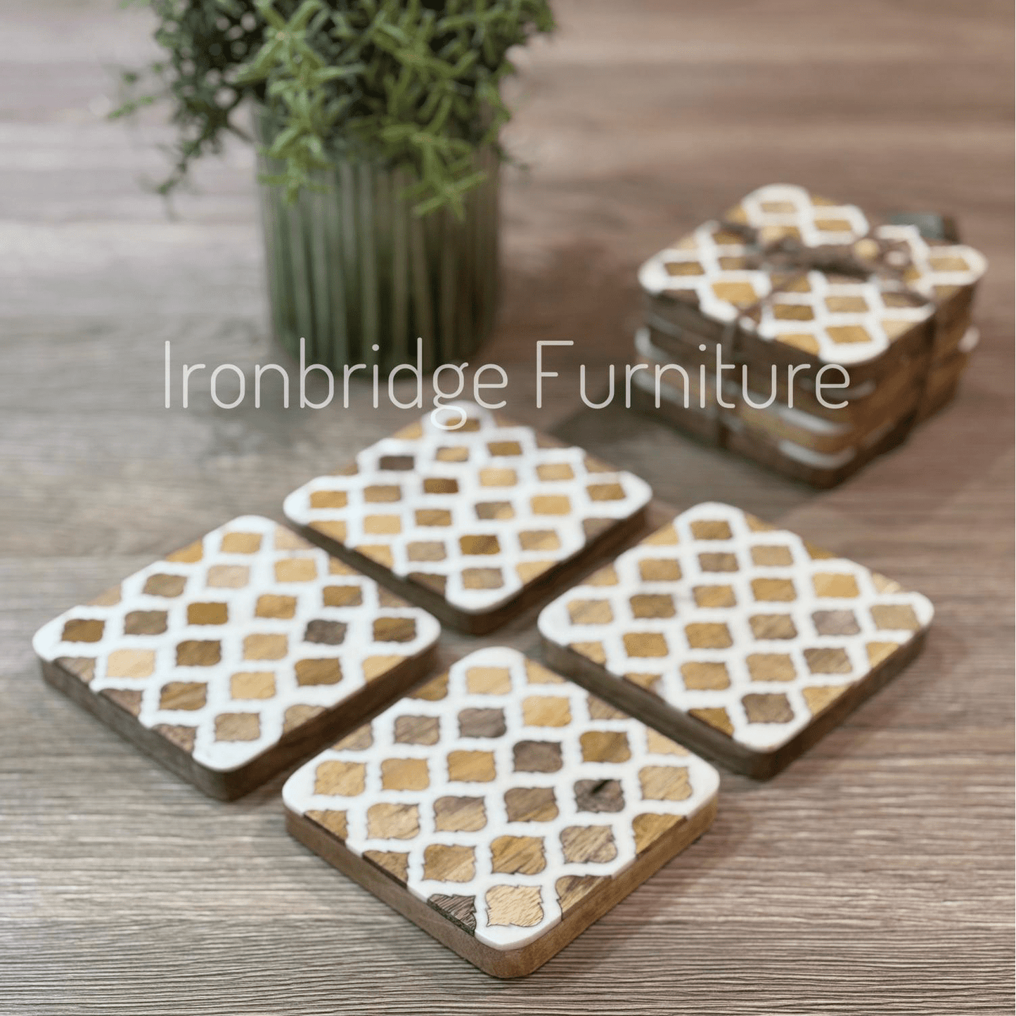 Set of 4 resin coasters with Mango wood inlay and base. White design.