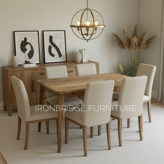 Wooden table on a carpeted floor with 'Ironbridge Furniture' branding.