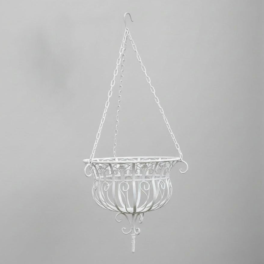 White hanging planter with decorative design on a gray background