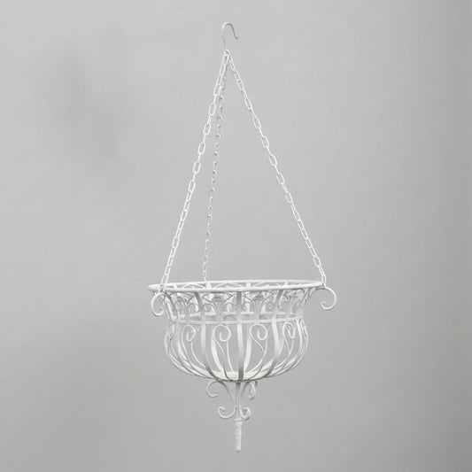 White hanging planter with decorative design on a gray background