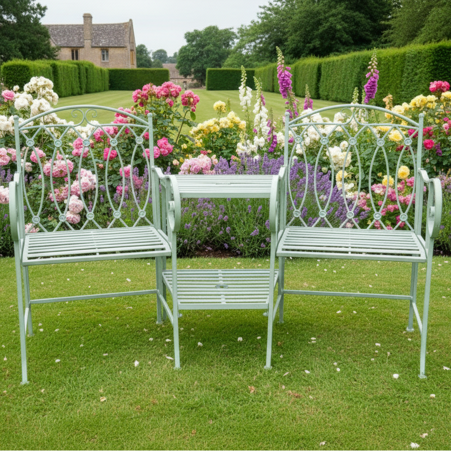 Two white metal garden chairs on grass with a stone wall background