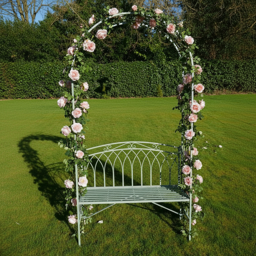 Decorative metal arch with a bench on a grassy area with a fountain in the background