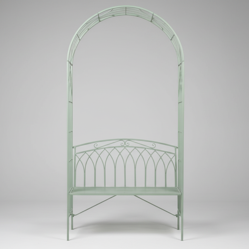 Metal garden archway in a park with a fountain in the background