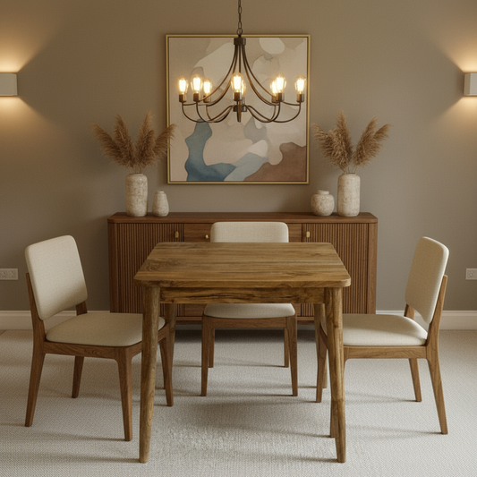 Wooden table on a textured floor with a neutral background
