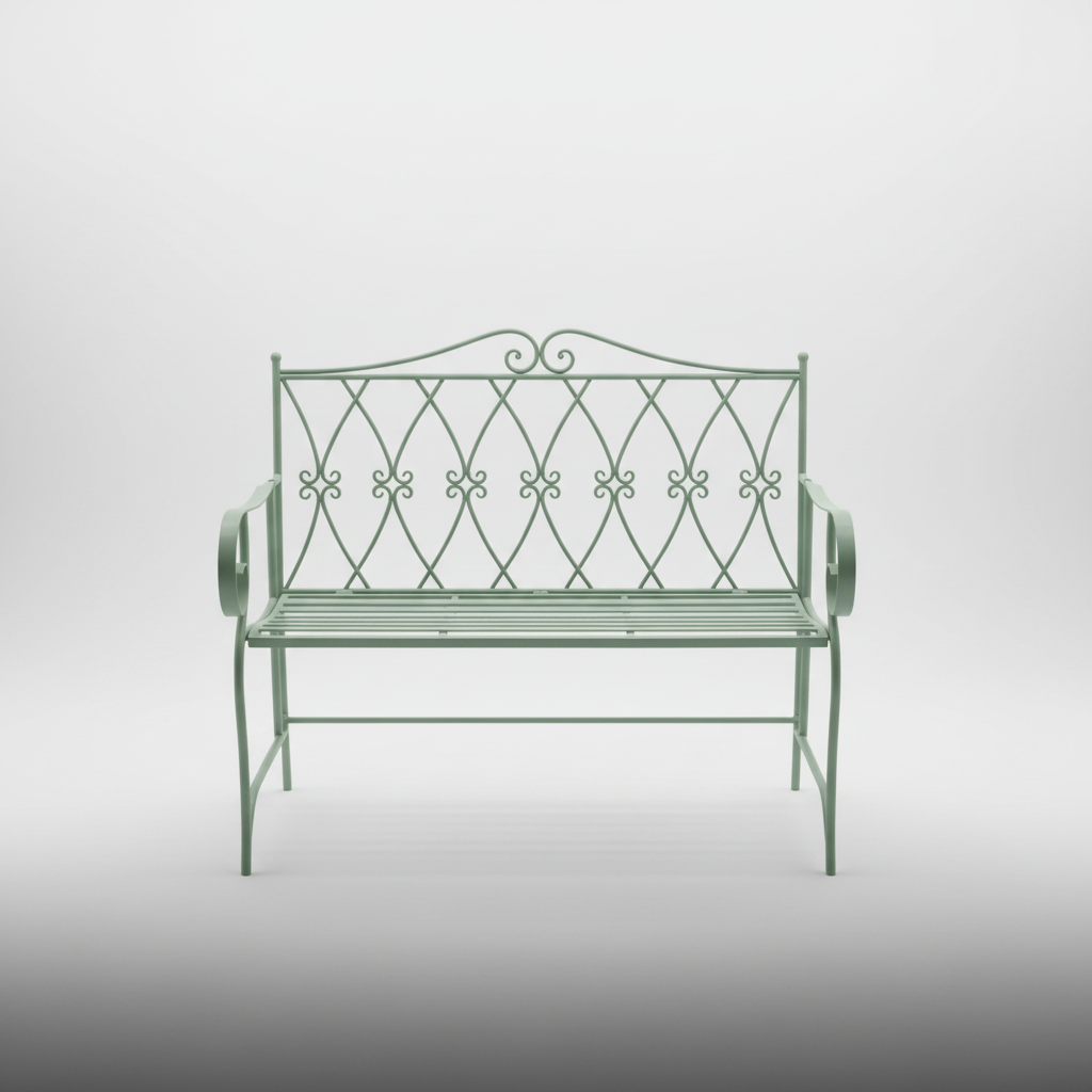 Decorative metal garden bench on a grassy background