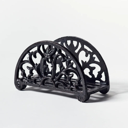 Black painted cast iron napkin holder - at an angle