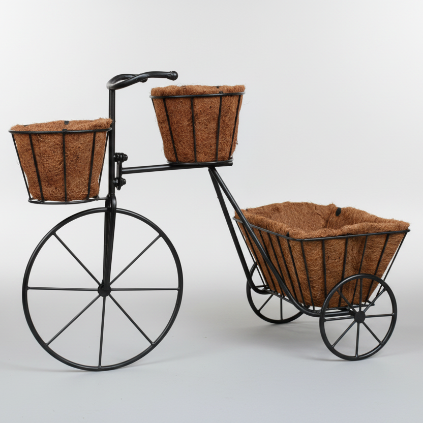 Decorative bicycle planter with three baskets against a stone wall.