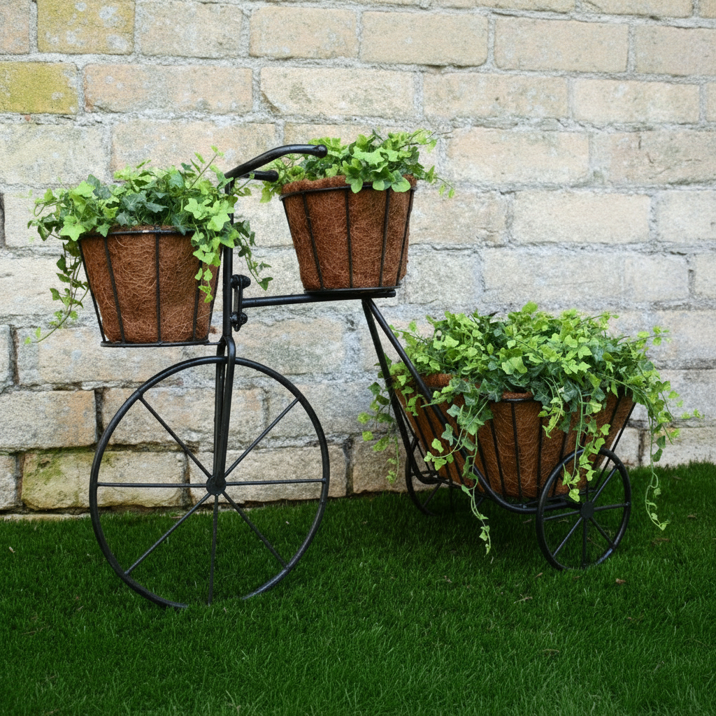 Decorative bicycle planter with three baskets against a stone wall.