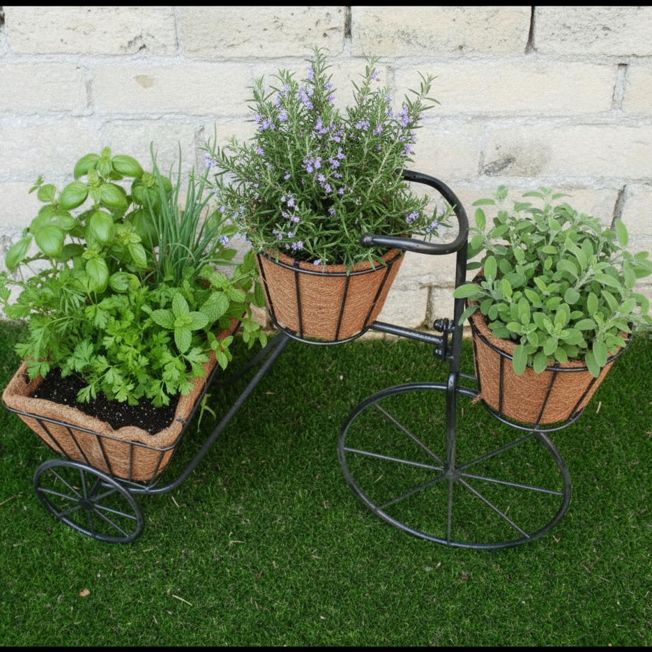 Decorative plant stand with three woven basket planters on a grassy area.