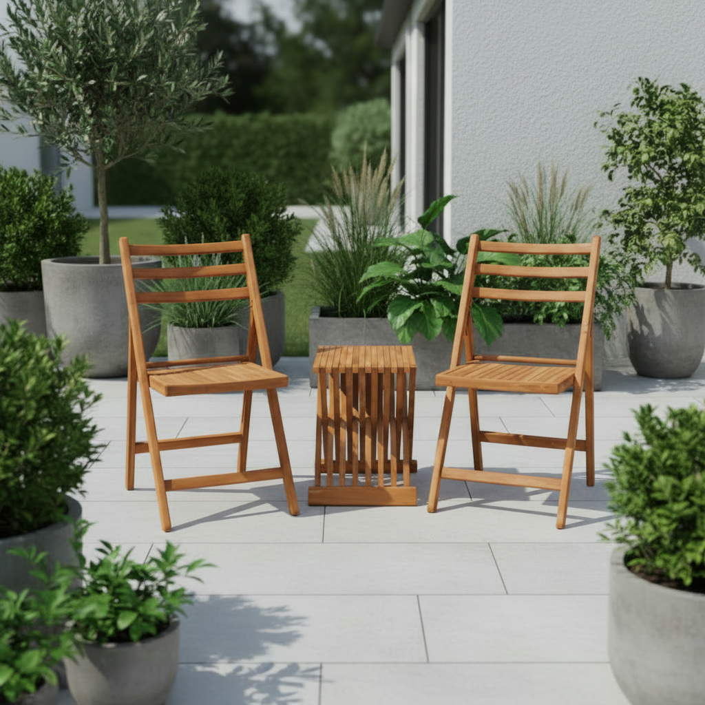 Two wooden chairs and a small table against a stone wall.