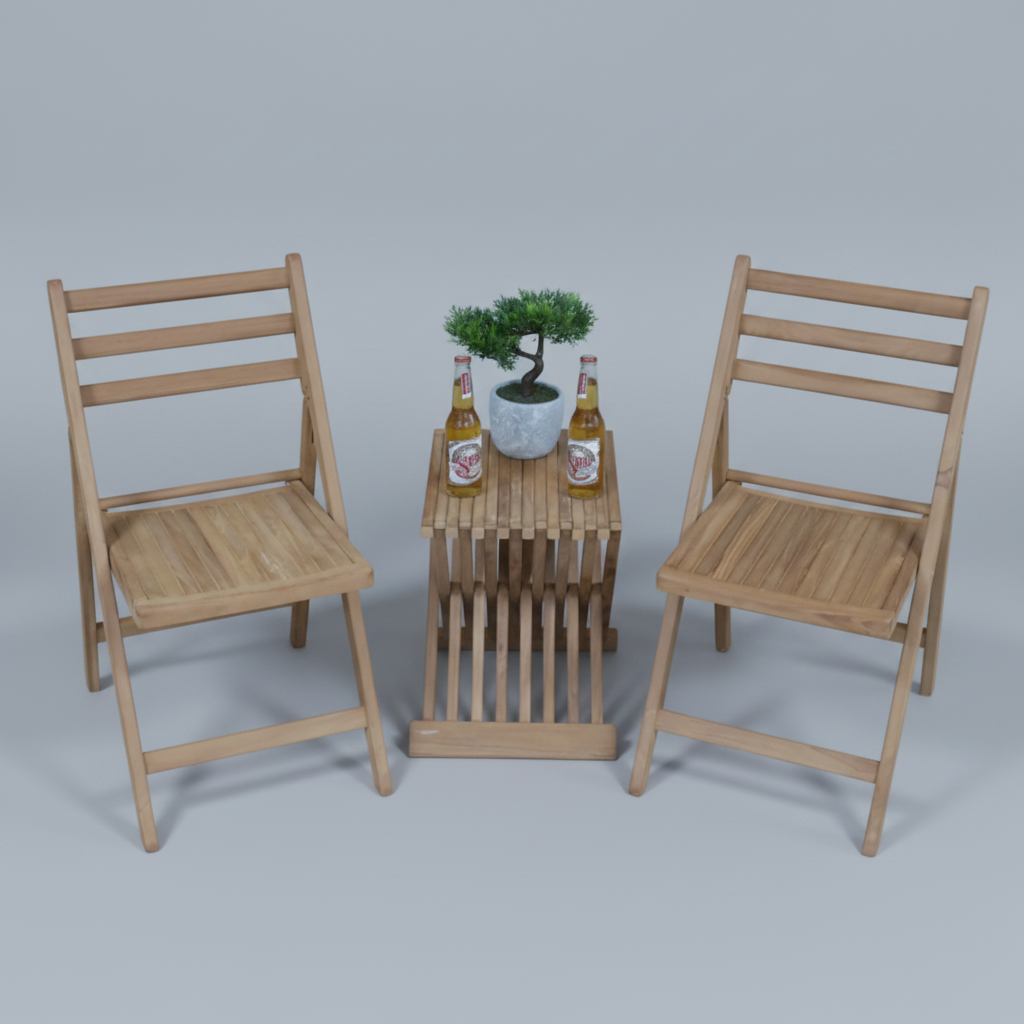Two wooden chairs and a small table against a stone wall.