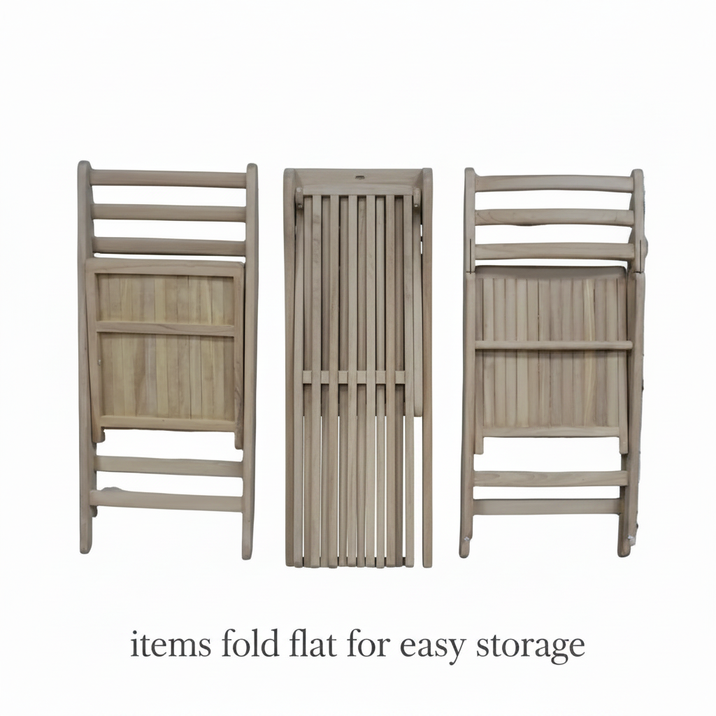 Three wooden folding chairs against a stone wall.