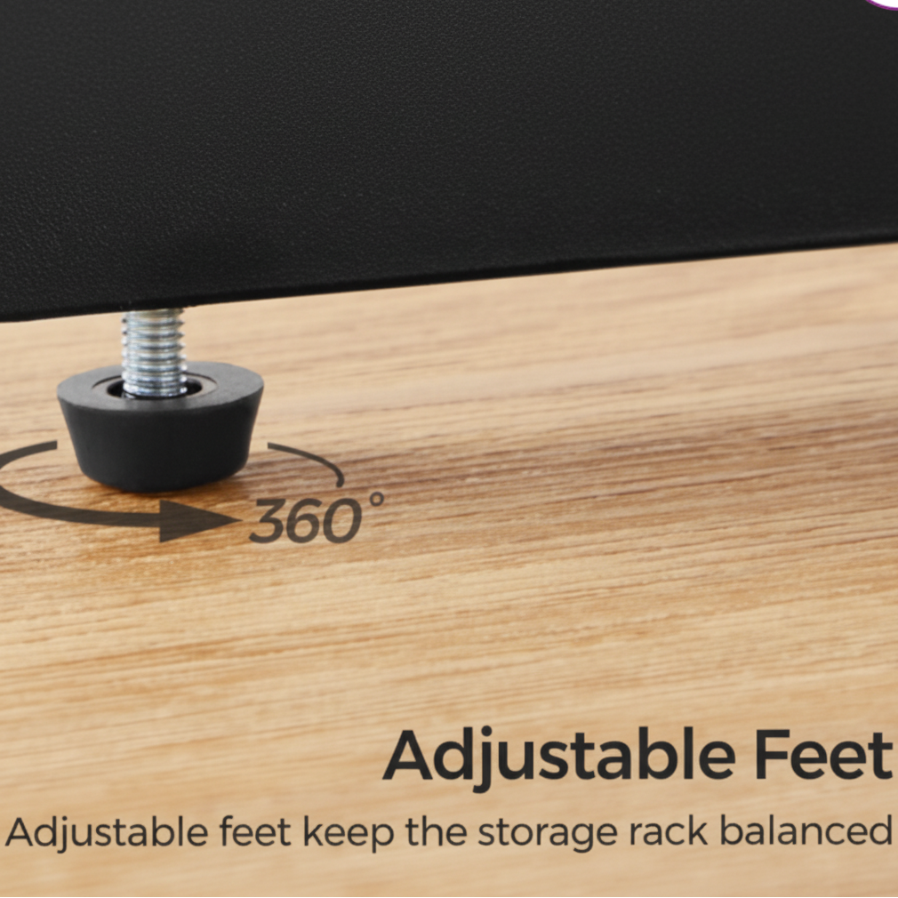 Adjustable foot of a storage rack on a wooden surface with text indicating its function.