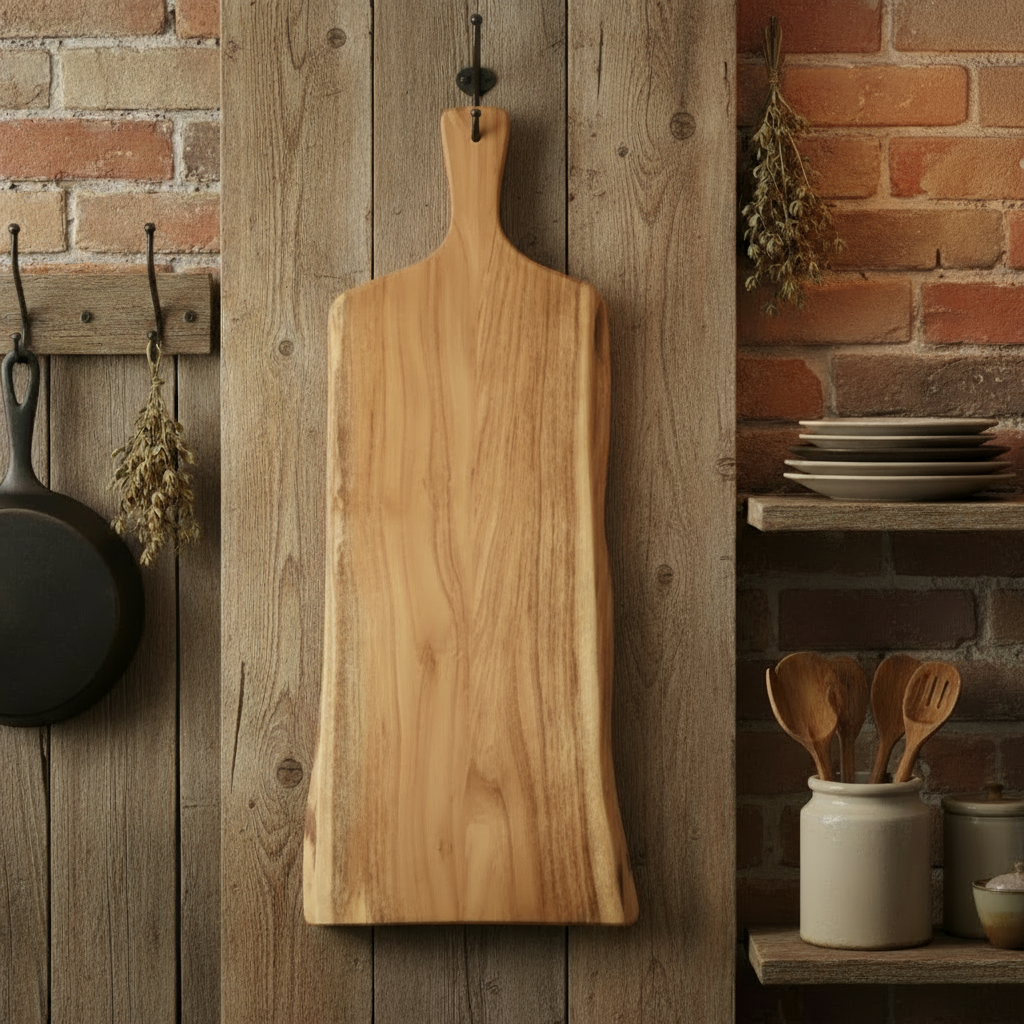 Wooden cutting board with a handle on a white background
