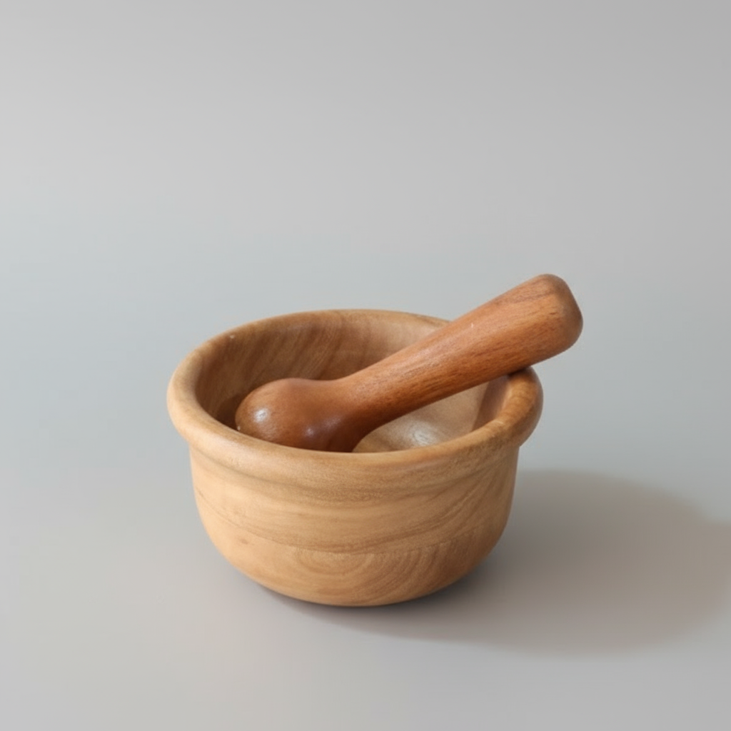 Wooden mortar and pestle on a white background