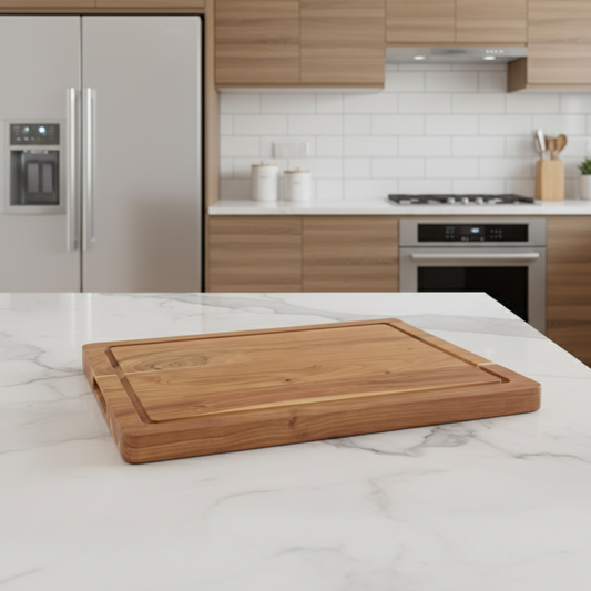 Wooden cutting board on a white background