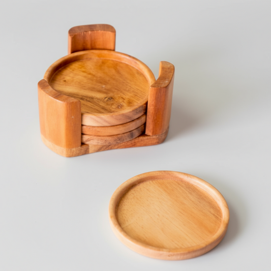 Wooden coaster set with holder on a white background