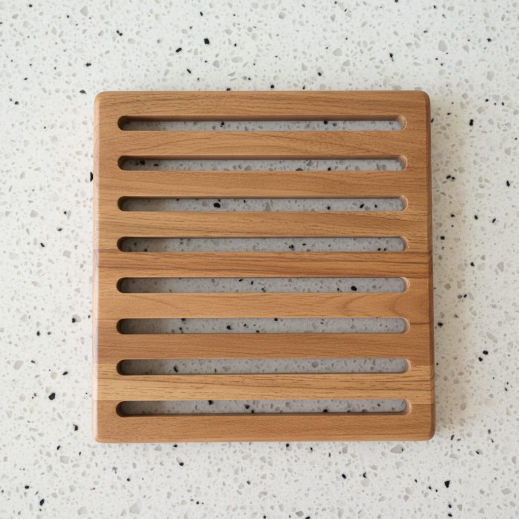 Wooden hotplate with slatted design on a white background