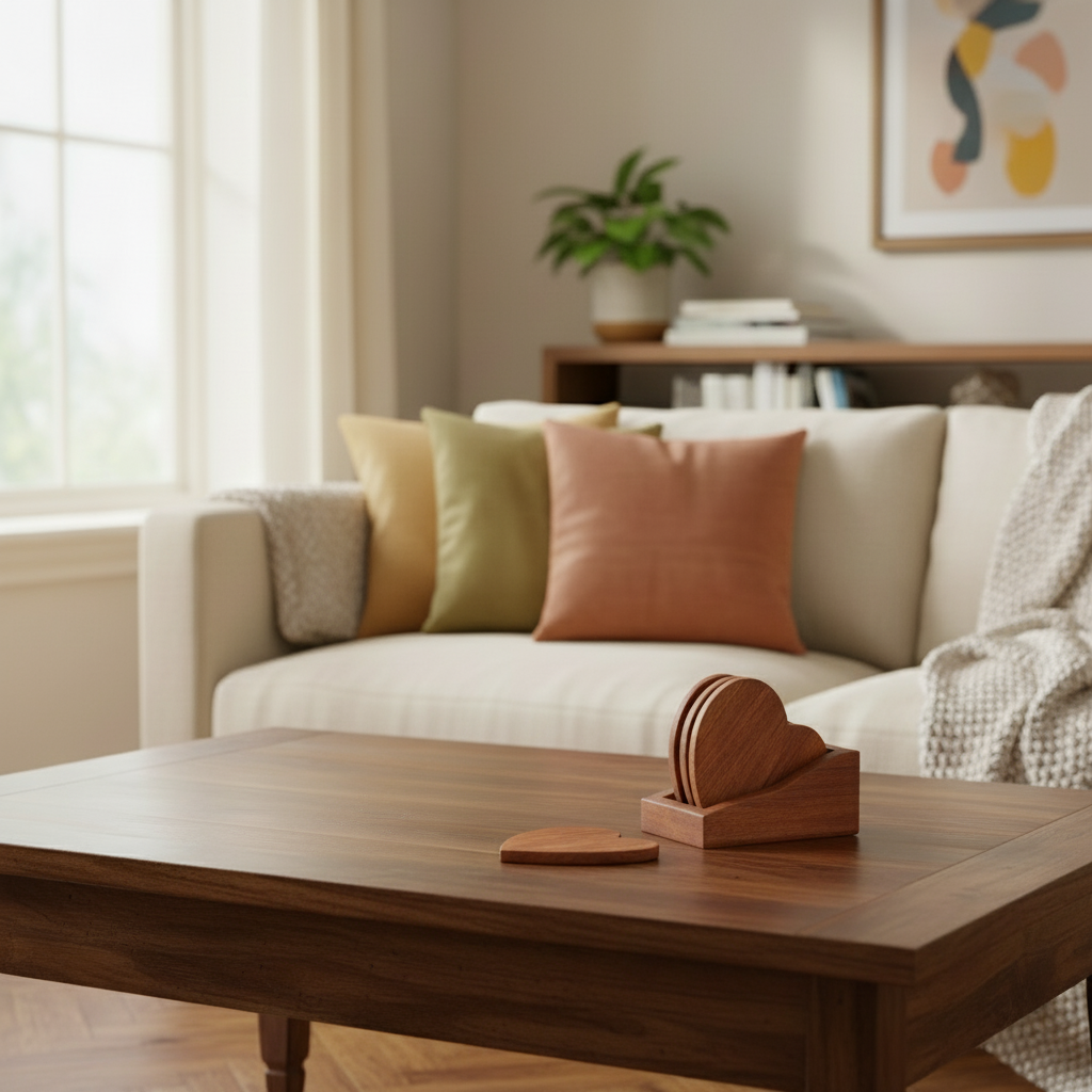 Wooden heart-shaped coaster set with holder on a light gray background