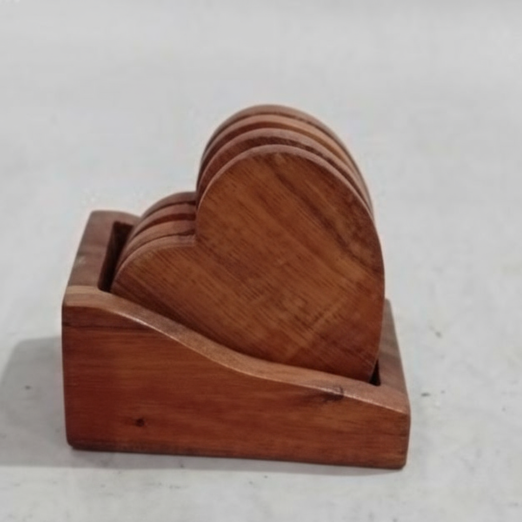 ASH370 Set of 4 heart shaped Acacia wood coasters in a holder