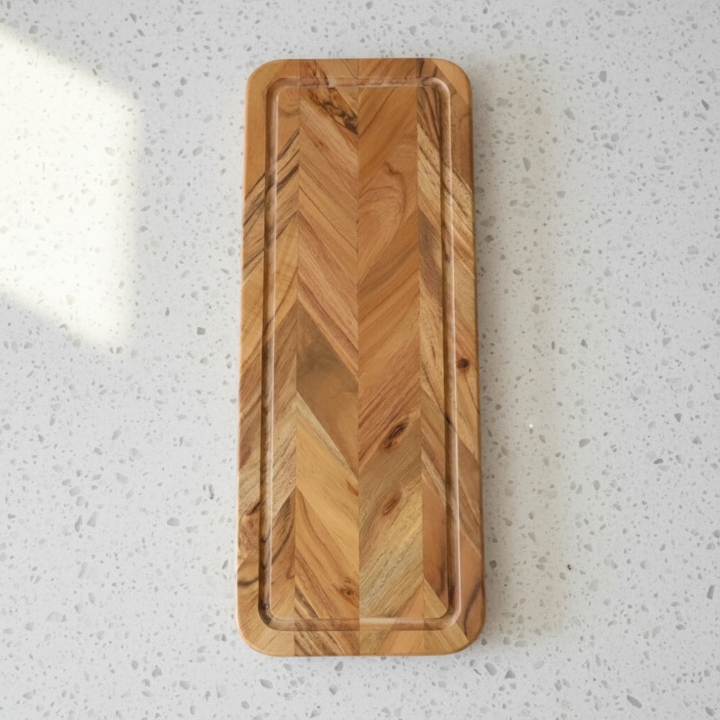 Wooden tray with chevron pattern on a white background