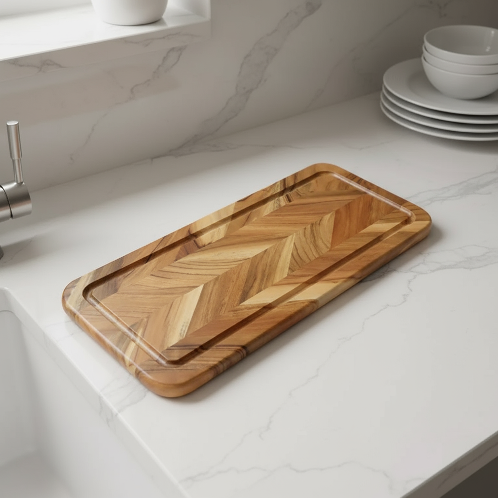 Wooden cutting board with a chevron pattern on a white surface