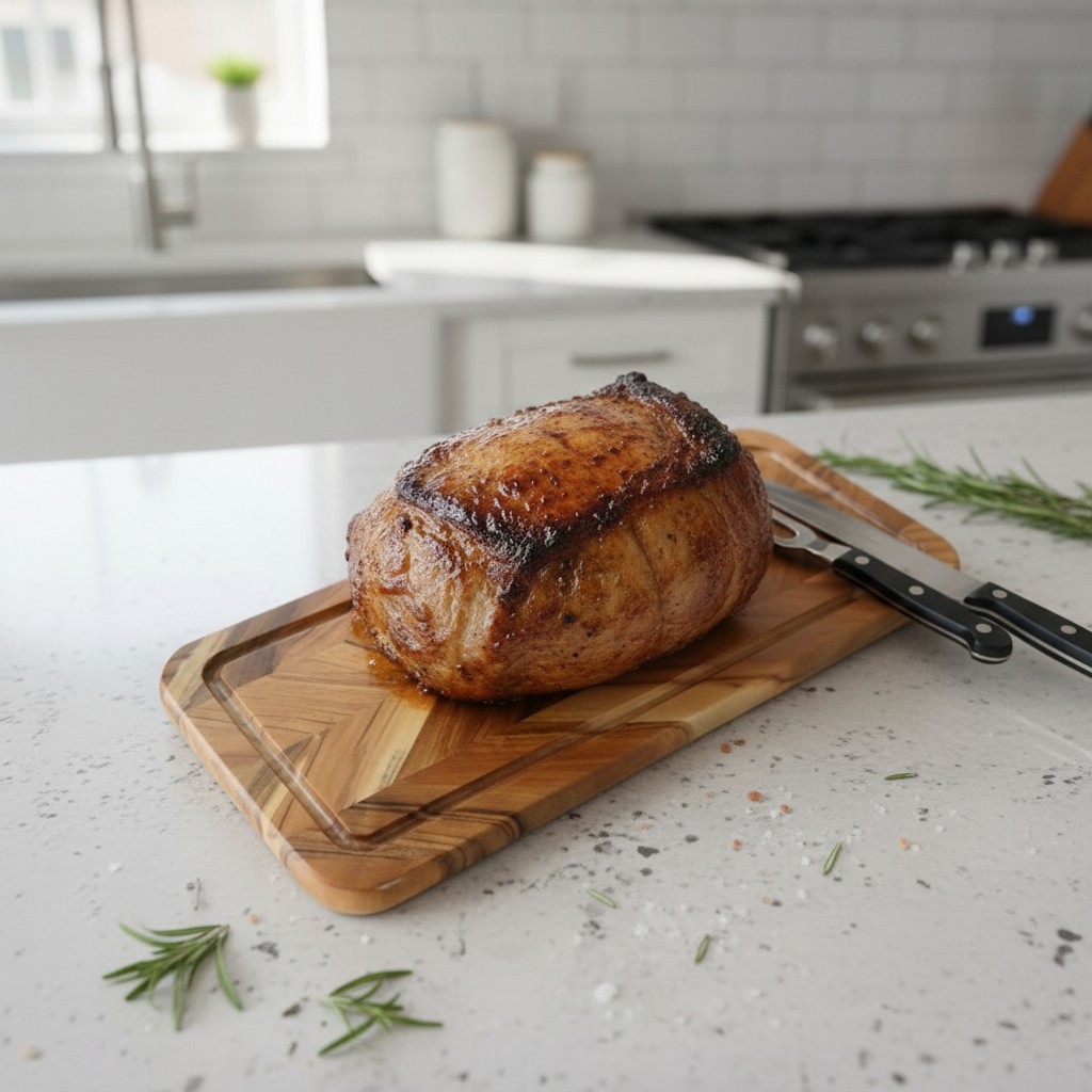 Wooden cutting board with a chevron pattern on a white surface