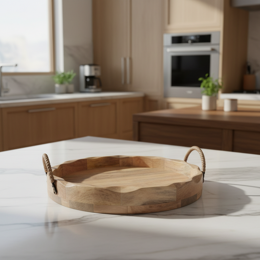 ASH7907 Round solid Mango wood scallop edge tray with loop handles 35cm