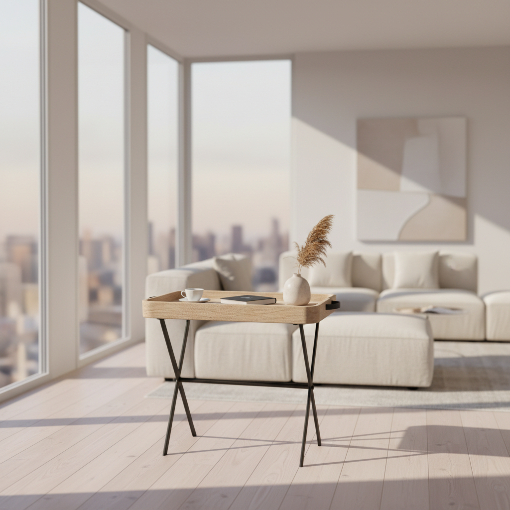 Rectangular tray on a stand with a textured wall background