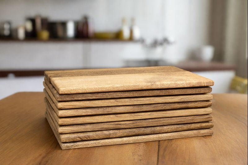 Set of rounded edged solid Mango wood placemats and coasters