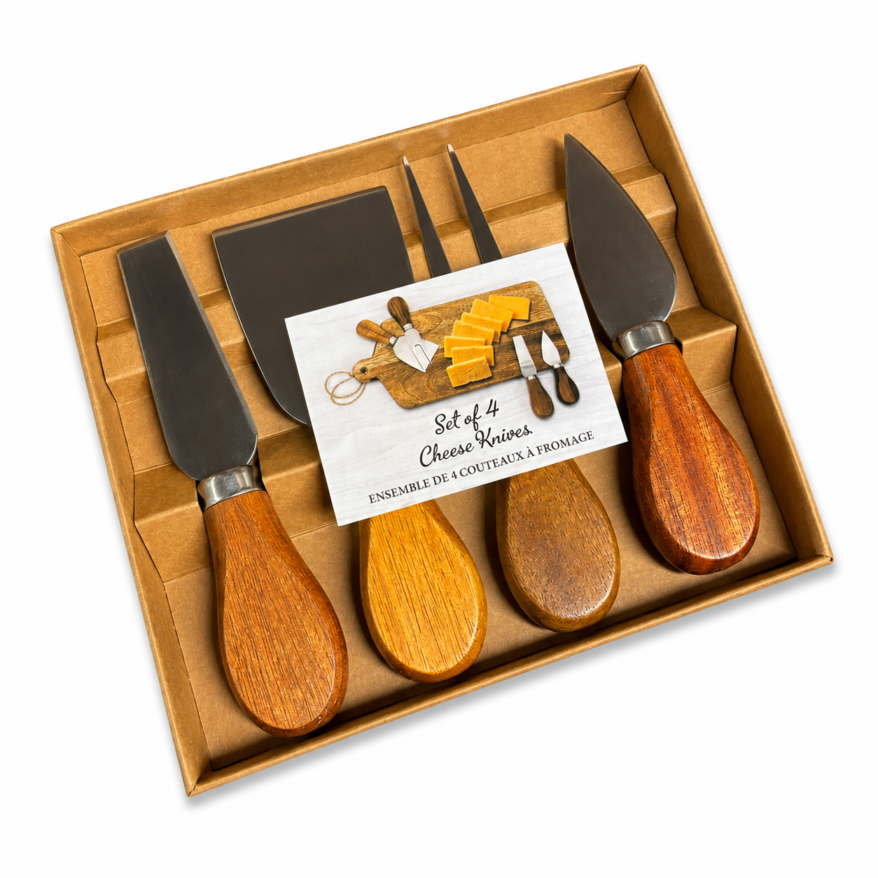 Set of 4 cheese knives with wooden handles in a box, featuring a card on top.