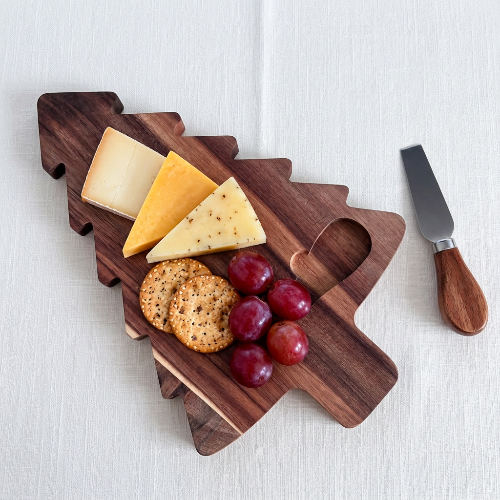 A wooden cheese board shaped like a tree, styled with three wedges of cheese, two round crackers, and red grapes, placed on a wooden tabletop next to a cheese knife.
