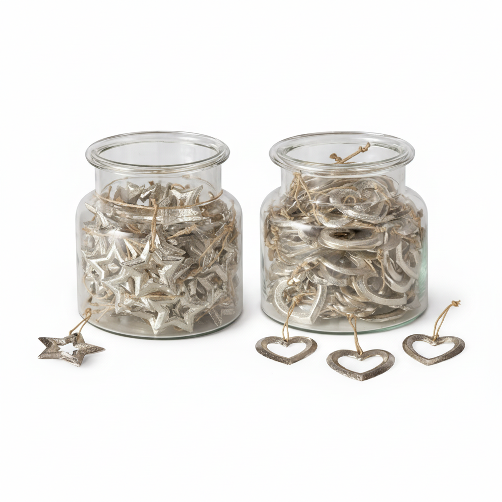 Two glass jars filled with silver star and heart-shaped decorations on a white background.