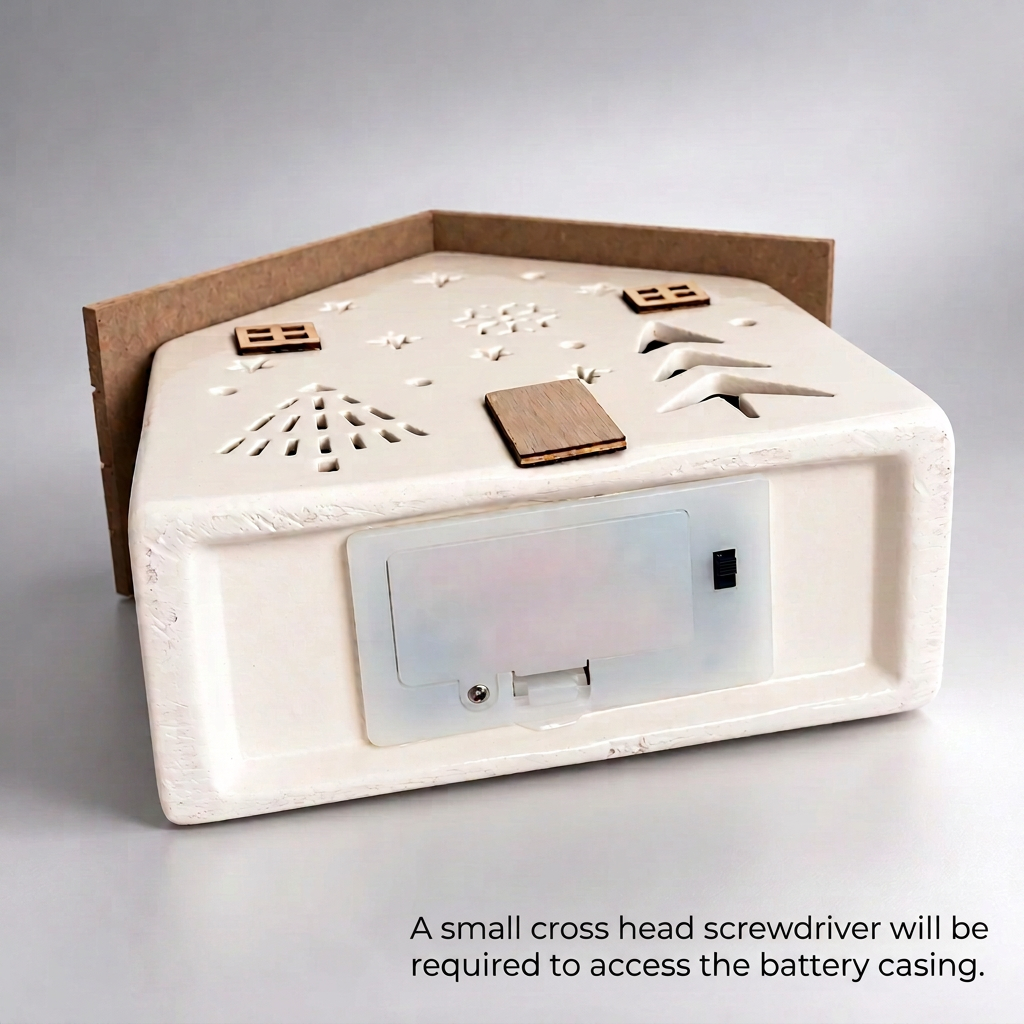 A white ceramic Christmas ornament shaped like a house, featuring laser-cut star and tree patterns on top, small wooden tabs, and a translucent front window showing a colorful interior.