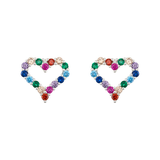 Silver multi colour crystal heart earrings - IEAR0976