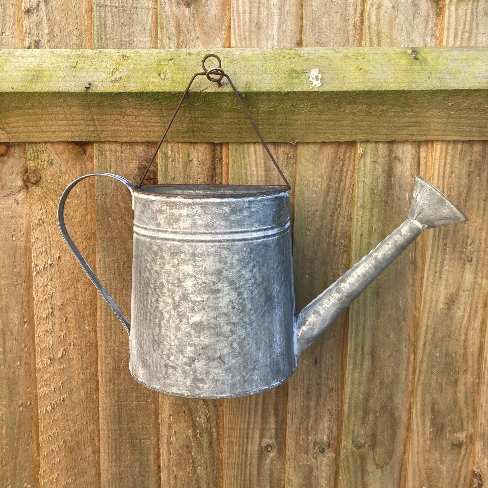 Zinc wall hanging watering can planter. Empty, hanging from fence. 