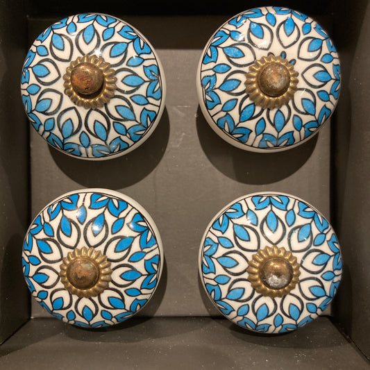 Set of 4 hand painted ceramic knob handles - blue and white leaf design. 