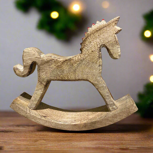 Mango wood rocking horse ornament 18cm high - front view. 