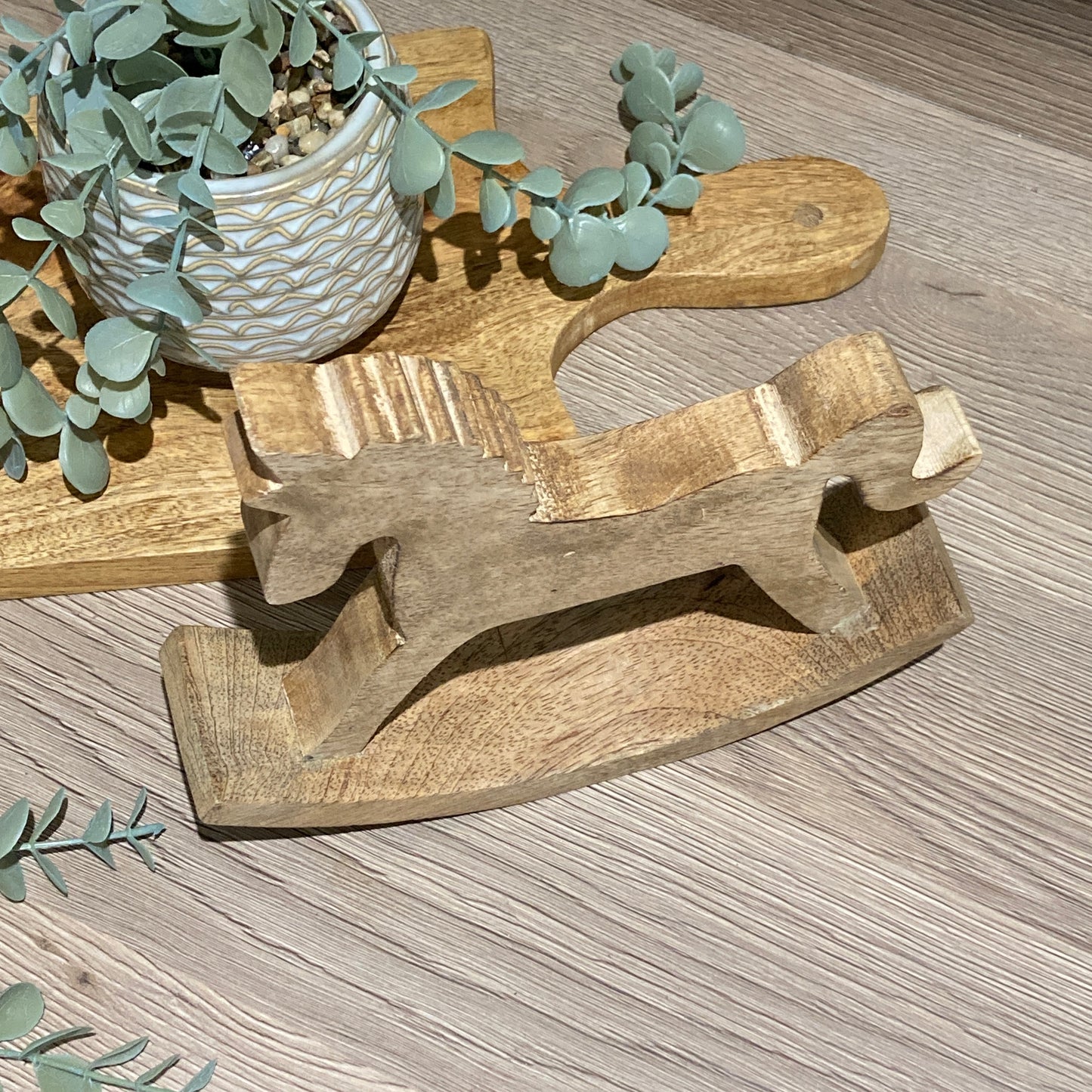 Mango wood rocking horse ornament 18cm high - from above. 