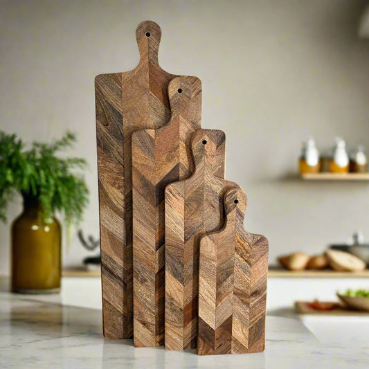 4 PARQUET FOOD PRESENTATION BOARDS IN A KITCHEN