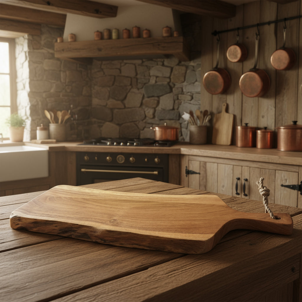 Wooden cutting board with a handle on a textured surface with a brown background