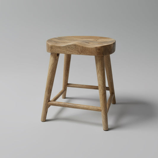 Wooden stool on a wooden floor with a white paneled wall in the background