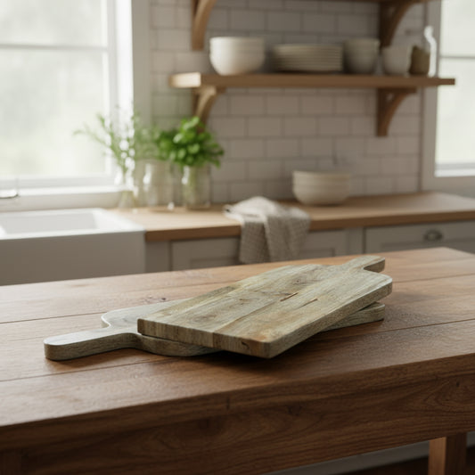 Two wooden cutting boards on a wooden floor