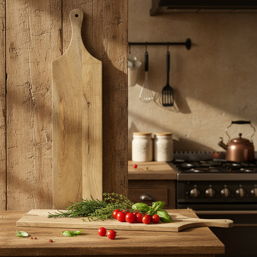 Two wooden cutting boards with handles on a wooden surface against a white paneled wall.