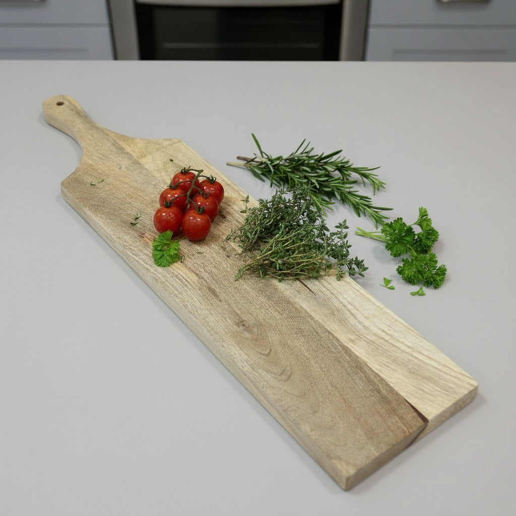 Wooden serving board on a wooden floor