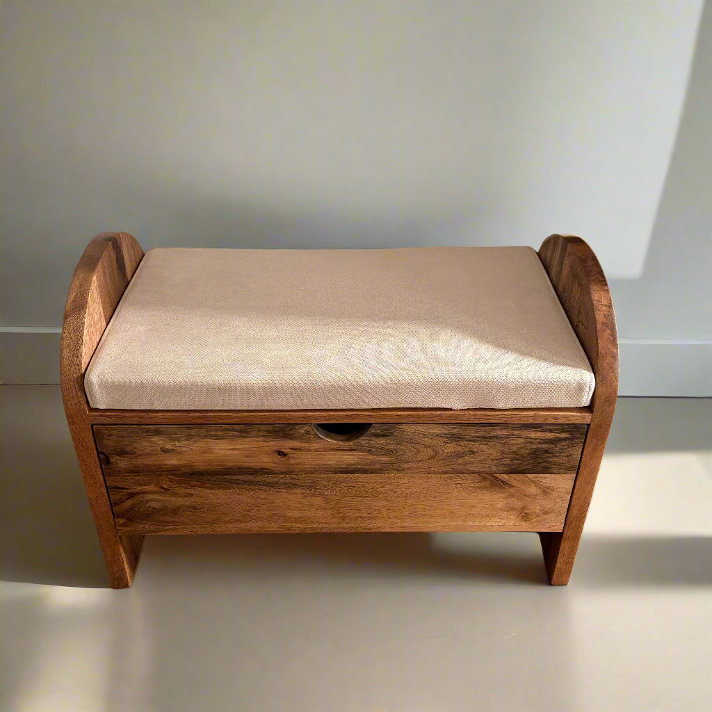 MANT-403 Etched Mango wood shoe storage bench - 66cm wide