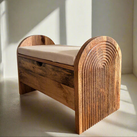 MANT-403 Etched Mango wood shoe storage bench - 66cm wide
